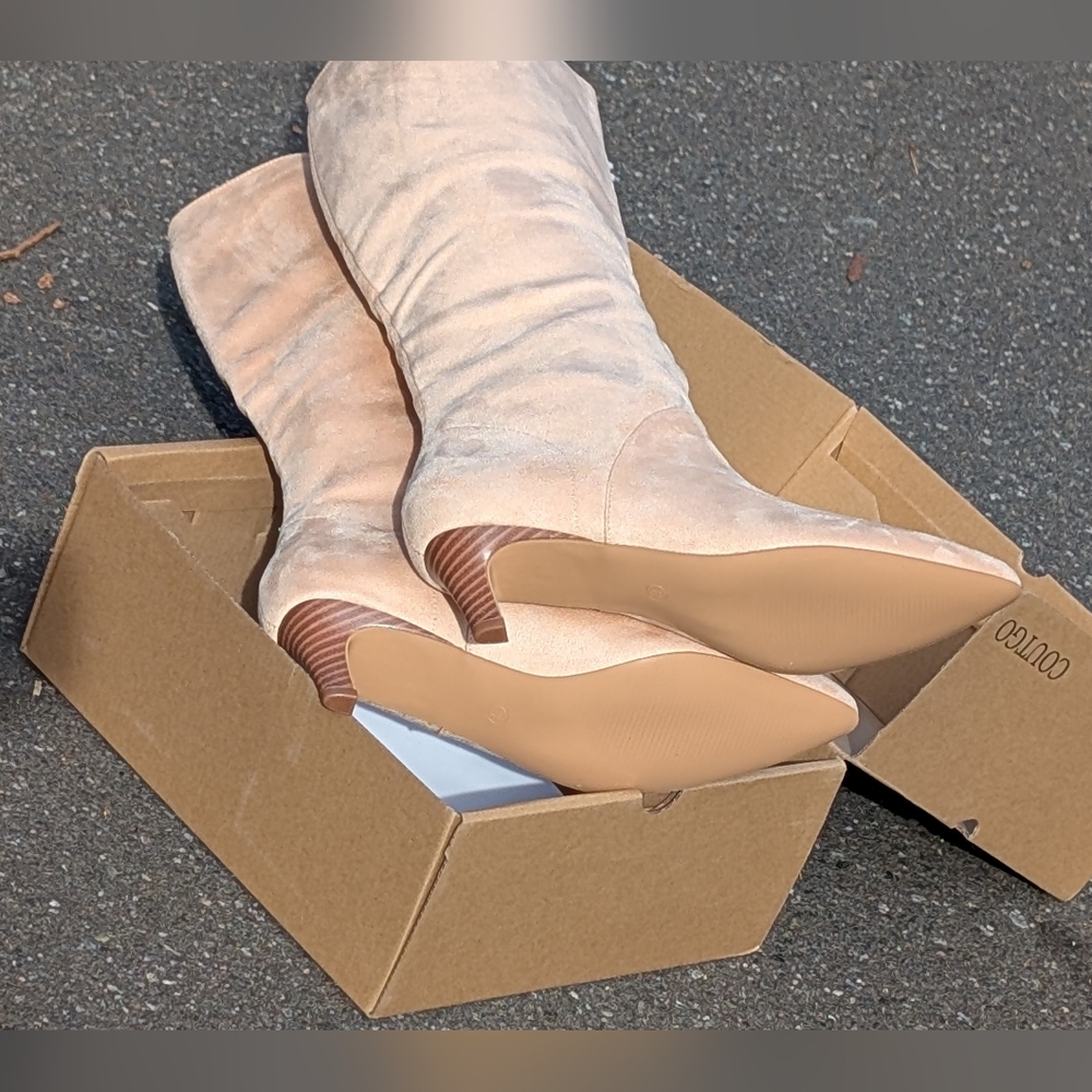 Coutgo Knee High Boots Wide Calf Kitten Heel Pointed Toe Boots Pull On (New) - Picture 8 of 13